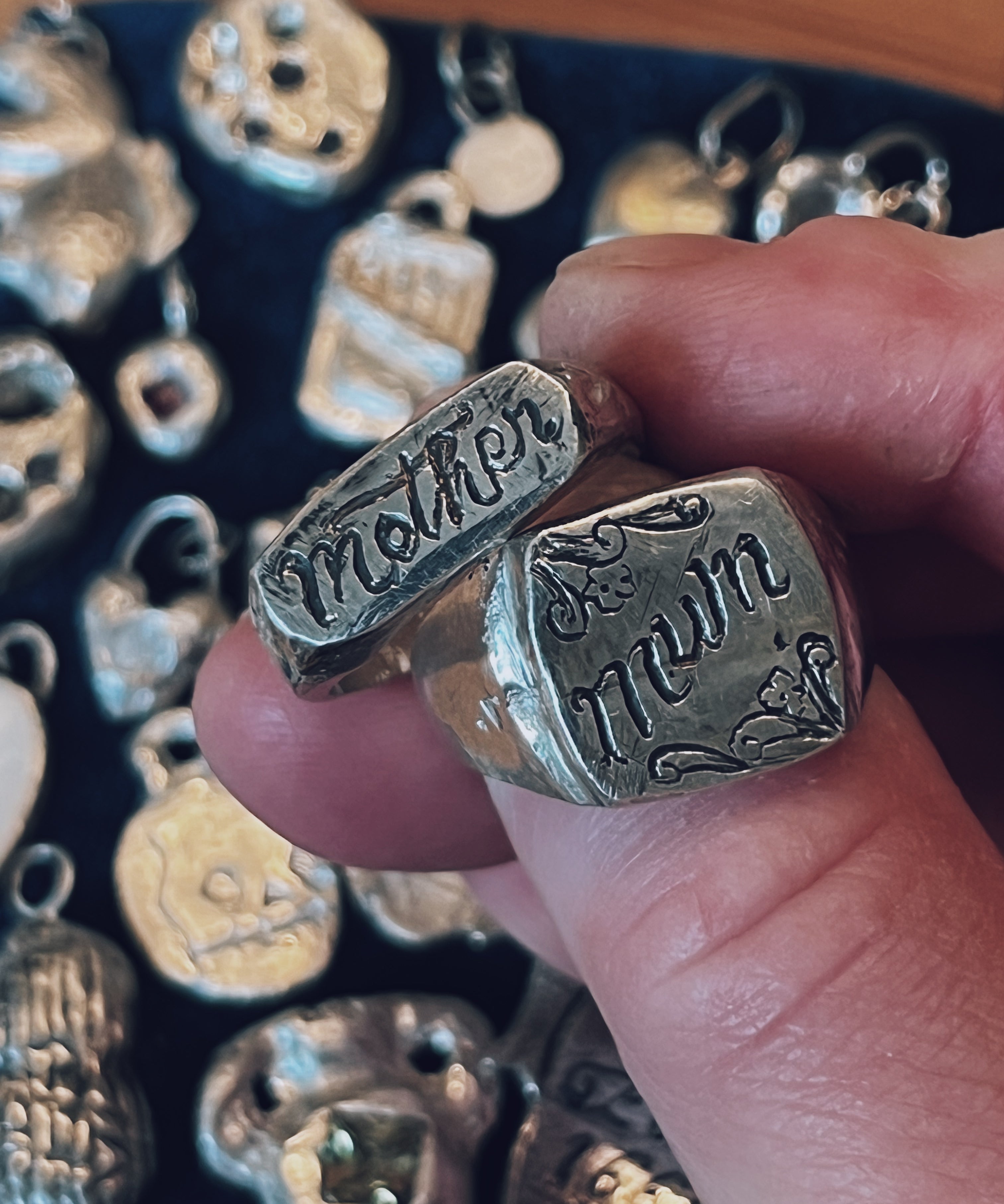 Hand carved mum signet ring